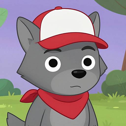 Cartoon gray wolf with large white and red cap, red bandana, and serious expression in colorful, sunny outdoor background.
