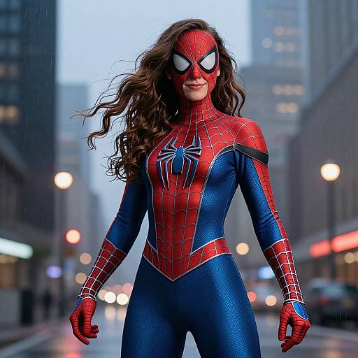 Photograph of a woman with long brown hair in a red and blue Spider-Man suit, standing confidently on a rainy city street.