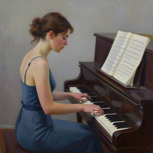 Oil painting of a fair-skinned woman with brown hair in a bun, wearing a blue dress, playing a dark wooden piano with sheet music on the