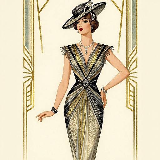 Digital illustration of a stylish, fair-skinned woman in a black and gold Art Deco dress, wearing a matching wide-brimmed hat, necklace