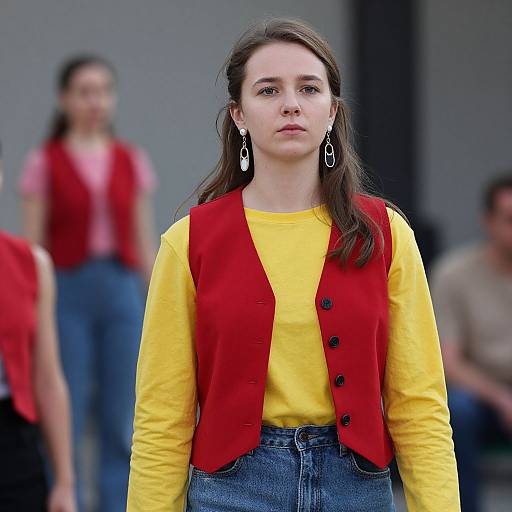 Photograph of a young woman with fair skin, brown hair, wearing a yellow shirt, red vest, and blue jeans, standing confidently in a blurred