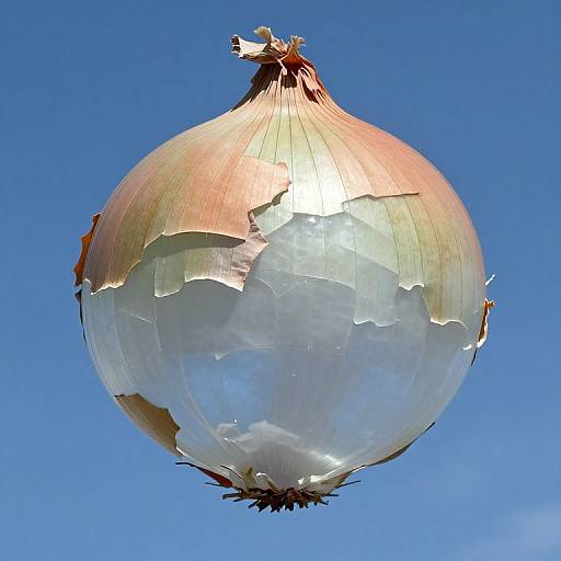 Photograph of a weathered, brown-and-white onion balloon floating against a clear blue sky, with sunlight highlighting its cracked, translucent surface.