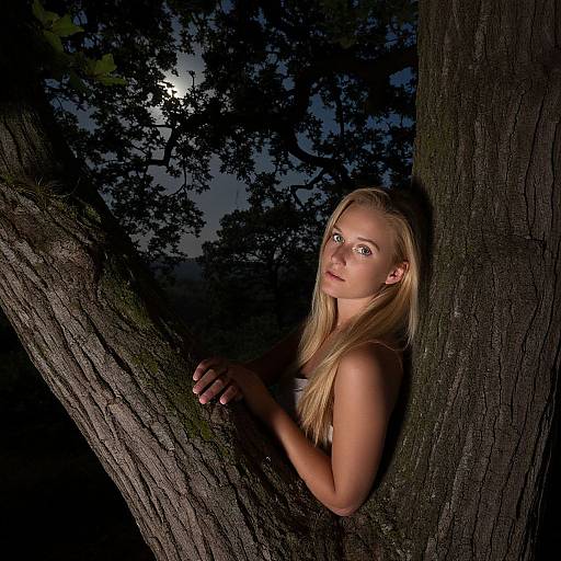 Photograph of a blonde woman with fair skin, wearing a white tank top, leaning against a dark tree at night, with moonlight filtering through the