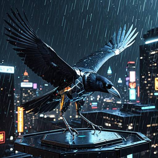 High-Tech Chrome Raven in Neon Rain