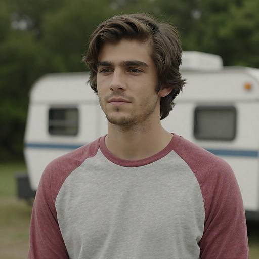 Young man in raglan shirt outdoors