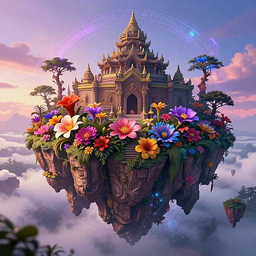 Digital artwork of a floating, ornate temple on a rocky island adorned with vibrant flowers, surrounded by clouds and trees, with a glowing circular symbol in