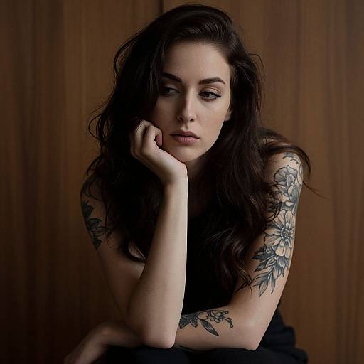 Photograph of a pensive woman with long dark hair, tattoos on her arm and shoulder, resting her chin on her hand, against a wooden background
