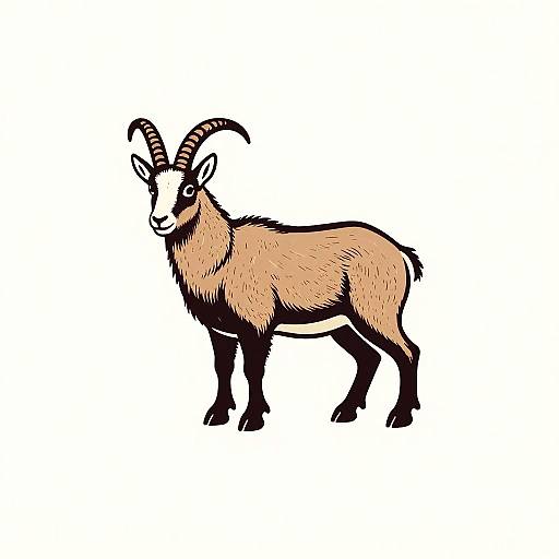 Colorful digital illustration of a standing goat with curved horns, light beige and black fur, and a white face, set against a plain white background.