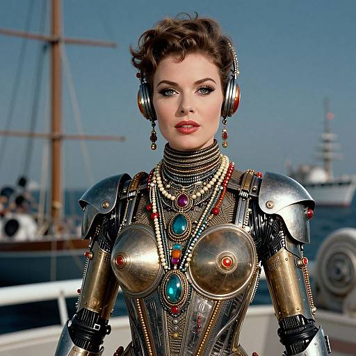 Photorealistic CGI of a cyberpunk woman with short brown hair, wearing metallic armor, colorful jewels, and headphones, standing on a ship deck with