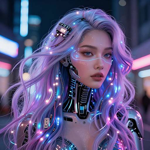 Cyberpunk-style digital artwork of a fair-skinned woman with long, wavy, purple-blue hair adorned with glowing neon lights, wearing a high