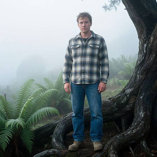 Photograph of a bearded man in a plaid shirt and jeans standing under a large, gnarled tree with foggy, fern-filled background