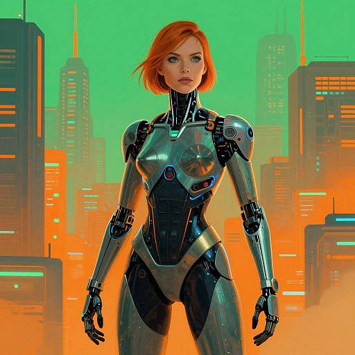 Digital art of a red-haired, blue-eyed woman in a sleek, silver and black robotic bodysuit, standing confidently in a futuristic, neon-l