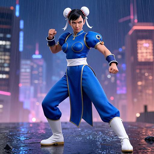 CGI image of Chun-Li in blue qipao, white boots, fighting stance, rain-soaked cityscape with neon lights in the background