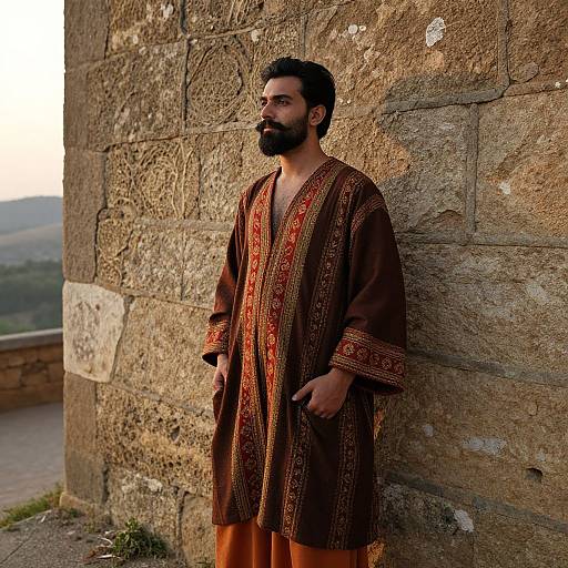 Photograph of a bearded man with dark hair, wearing a brown, red-embroidered traditional robe, standing against a textured stone wall at
