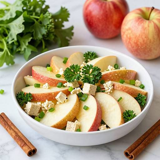 Photograph of a white bowl filled with sliced red apples, feta cheese cubes, and chopped green onions, garnished with parsley, surrounded by cinnamon