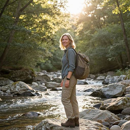 Photograph of a smiling woman with blonde hair, wearing a blue shirt, beige pants, brown boots, and a gray backpack, standing on a rocky