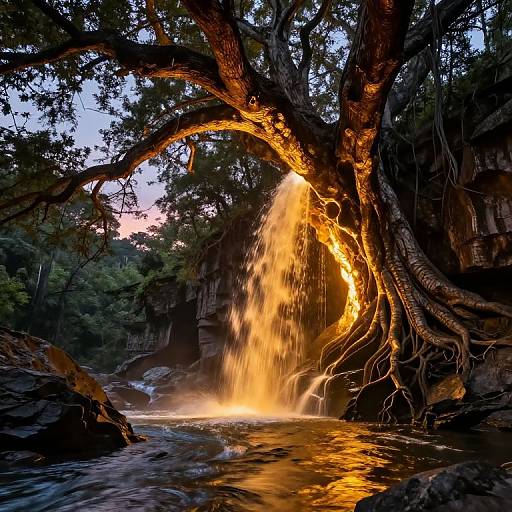 Photograph of a dramatic waterfall cascading through a large, illuminated tree's roots, surrounded by dense forest at dusk.