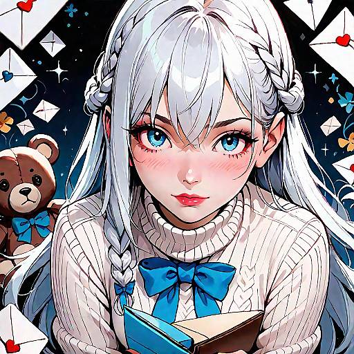 Masterpiece White-Haired Girl with Teddy