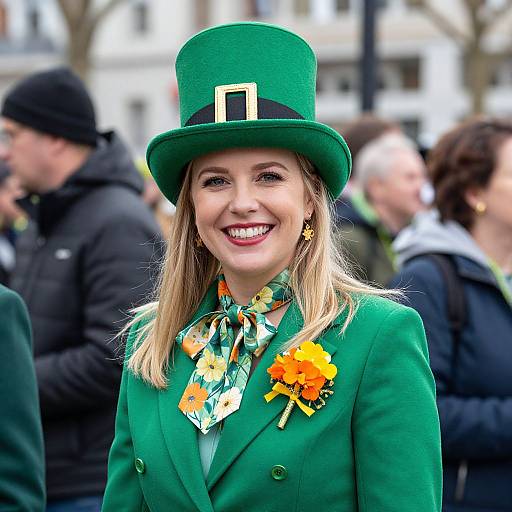Photograph of a smiling woman in a green top hat, green coat, floral scarf, and yellow flower pin, standing in a blurred outdoor crowd.