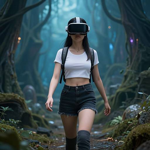 Digital artwork of a woman in a white crop top and black shorts, wearing VR headphones, walking through a mystical, foggy forest.