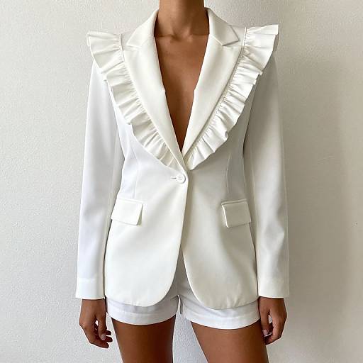 Photograph of a person wearing a white, ruffled blazer over white shorts, standing against a plain white wall. Head and lower body not visible