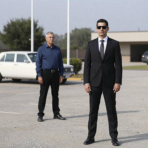 Men in Formal Attire by Car