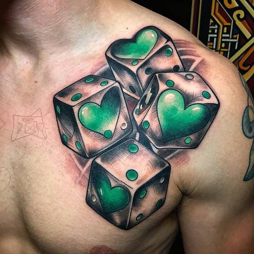 Tattoo of four black dice with green heart designs, overlapping on a muscular, light-skinned chest. Bright, vivid colors, 3D