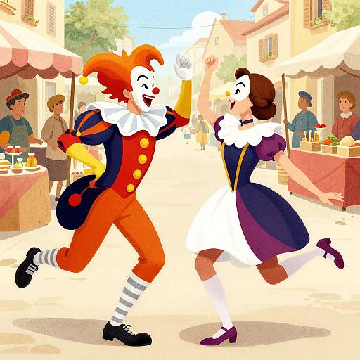 Colorful cartoon of a jester and woman in 18th-century attire joyfully dancing in a bustling market street with vendors and shoppers.