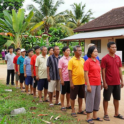Photograph of diverse group of nine adults, standing in line outdoors, wearing casual clothes, in front of a small house with a tiled roof, surrounded