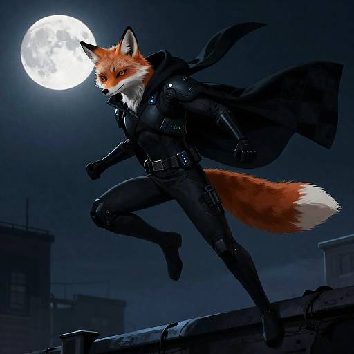 Lithe Cybernetic Fox Rooftop Moonlight Leap