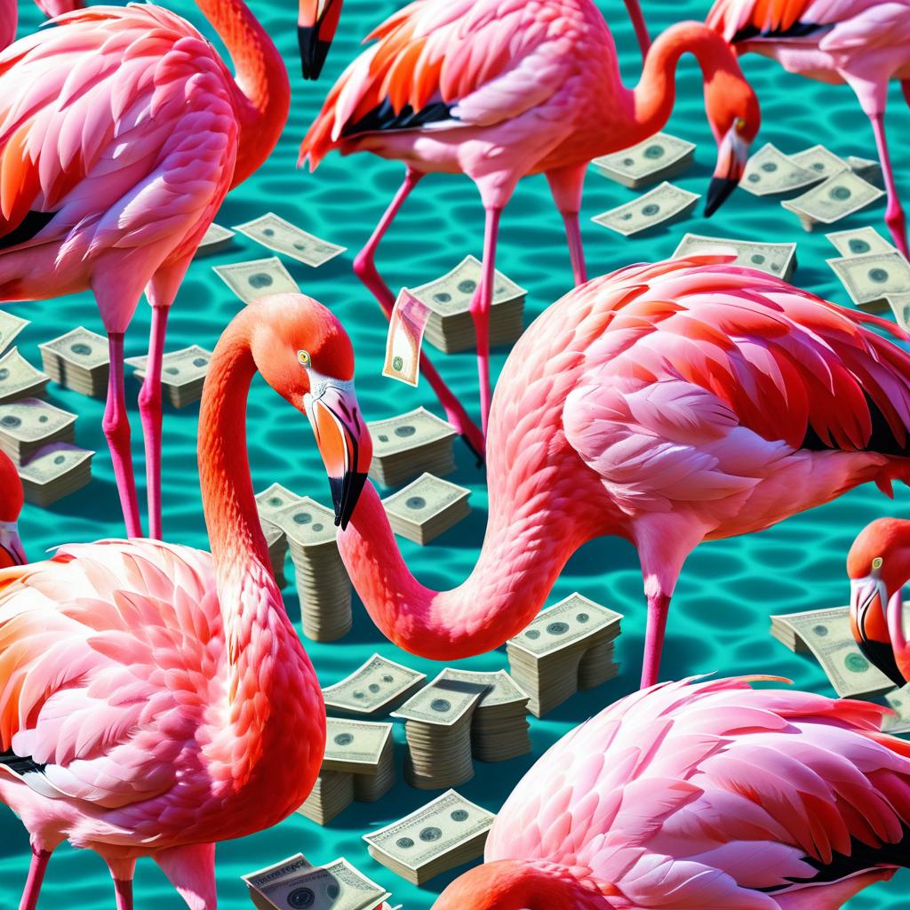 Humorous Portrait of a Money-Counting Flamingo