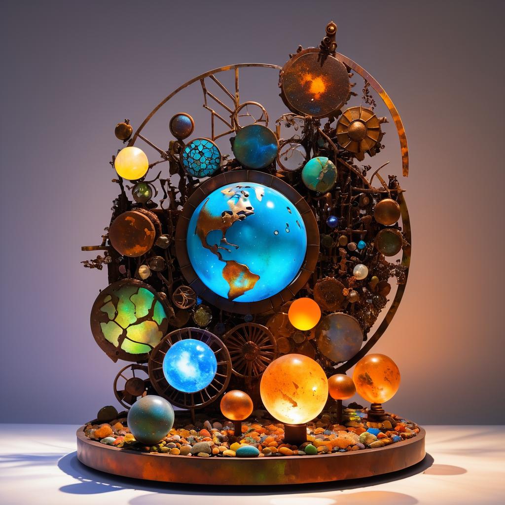 Futuristic Rusted Metal and Pebble Sculpture