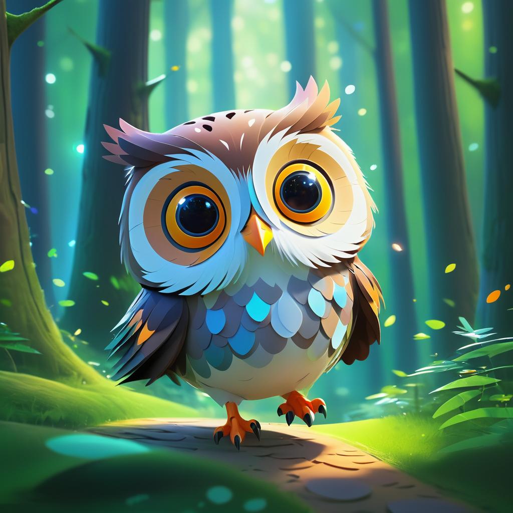 Whimsical Cartoon Owl Adventure in Forest