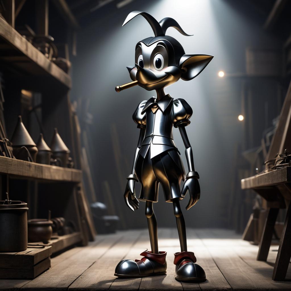 Metallic Pinocchio in a Gloomy Workshop