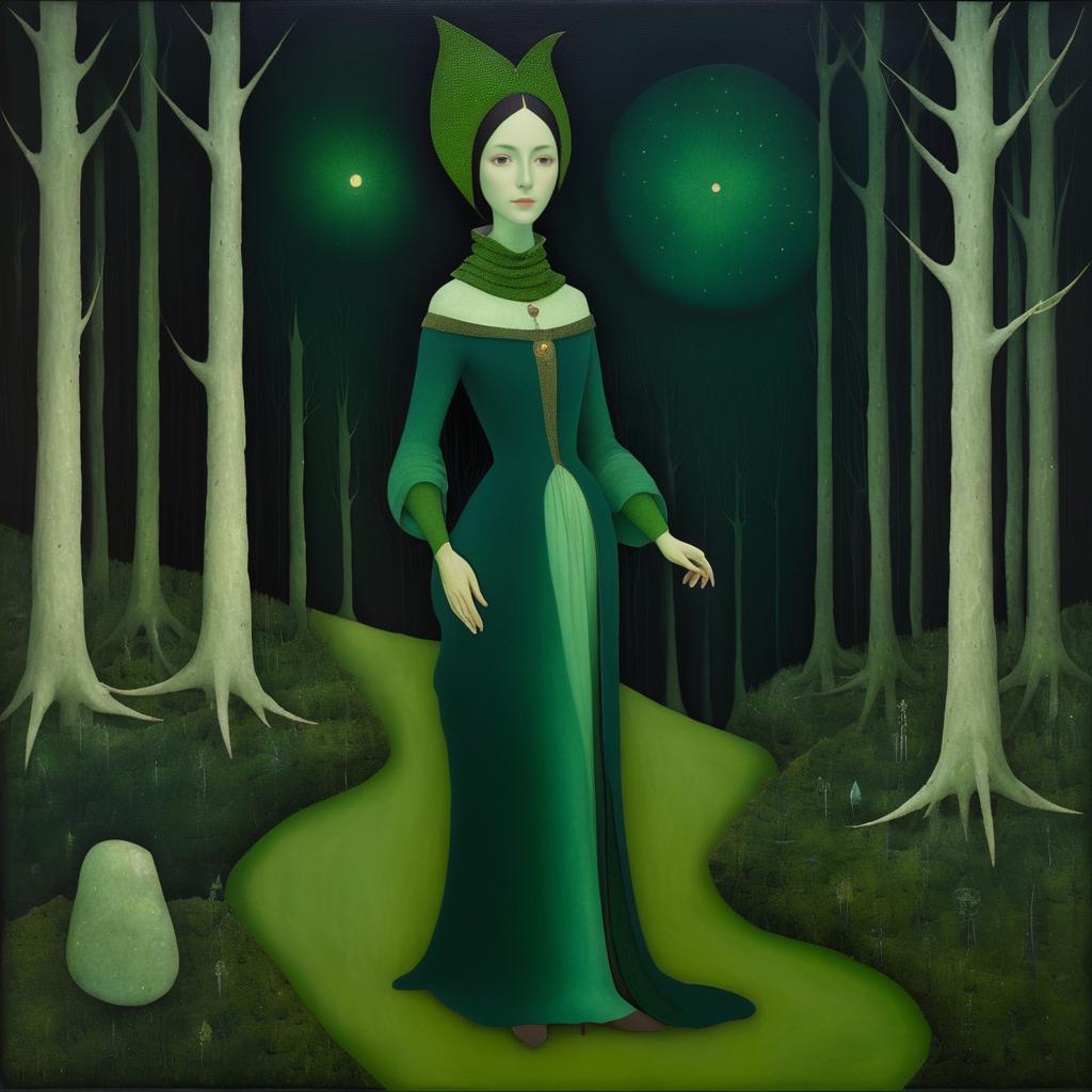 Mystical Woman in Forest at Night