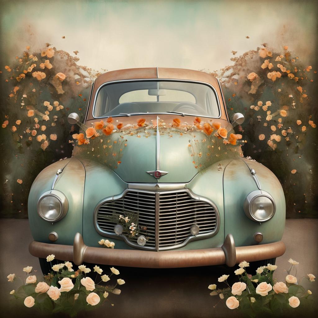 Ethereal Vintage Car Surrounded by Flowers