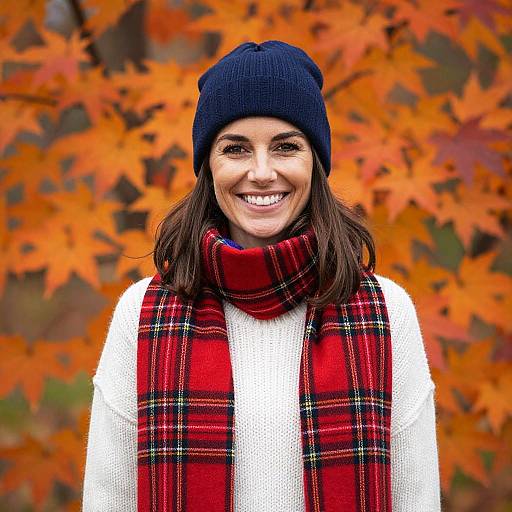 Photograph of smiling woman with medium brown skin, dark brown hair, wearing navy beanie, white sweater, and red plaid scarf, against bright