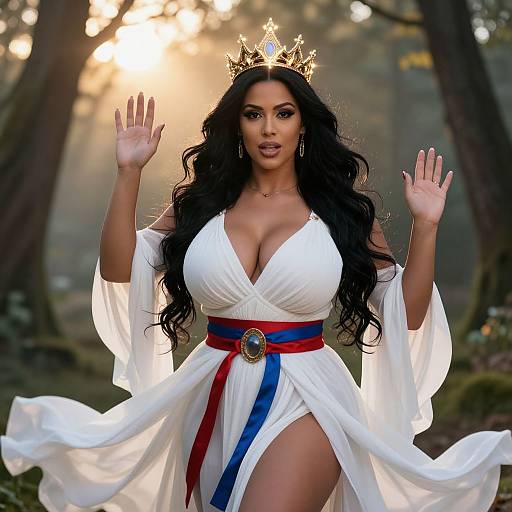 Photograph of a curvy woman with long black hair, wearing a white, V-neck dress with red and blue sashes, gold crown, and