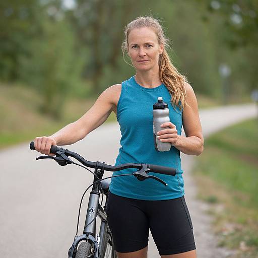 Photograph of a fit, smiling woman with blonde hair in a ponytail, wearing a blue tank top and black cycling shorts, holding a water bottle