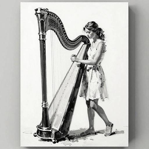Monochrome Acrylic Painting of Woman with Harp