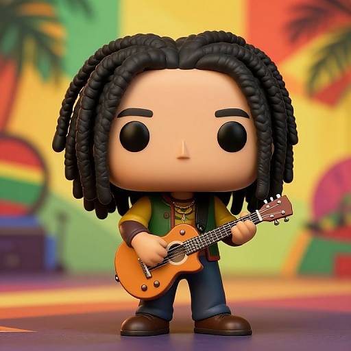 Chibi-style digital drawing of a black-haired, dreadlocked figure with large black eyes, playing an orange electric guitar, wearing a yellow shirt and green