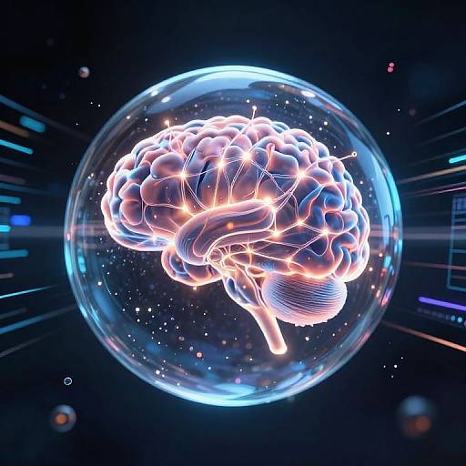 Digital illustration of a glowing, neon-orange human brain encased in a transparent blue sphere against a dark, star-filled space background.