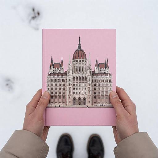 Hands Holding Pink Book with Budapest Parliament Illustration
