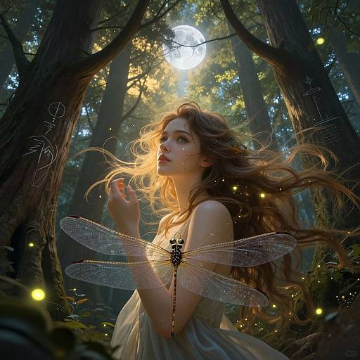 Digital artwork of a fair-skinned, long-haired woman with translucent dragonfly wings in a magical forest, glowing fireflies surround her, sunlight filters through