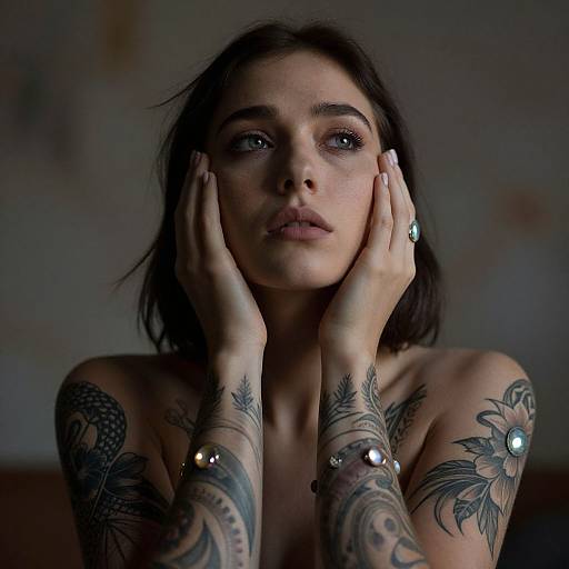 Photograph of a tattooed, topless woman with dark hair, hands on her face, blue eyes, and intricate arm tattoos, in dim lighting