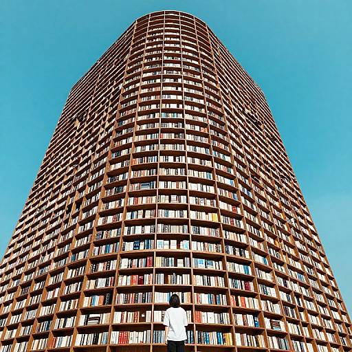 Photograph of a modern, cylindrical skyscraper with a spiral pattern of balconies and windows, set against a clear blue sky.