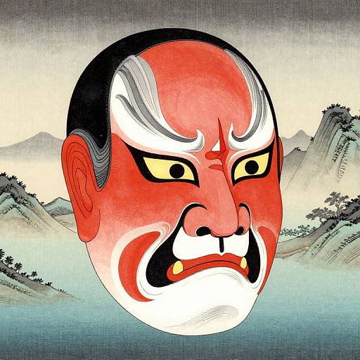 Traditional Japanese woodblock-style illustration of a fierce, red-faced kabuki mask with white and black markings, set against a serene mountain and water landscape.
