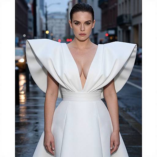 Photograph of a stern-faced woman with slicked-back hair, wearing a deep V-neck, white, high-waisted gown with dramatic shoulder fl