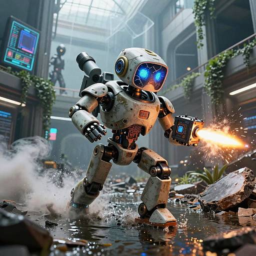 Hobbled Maintenance Android in Flooded Atrium