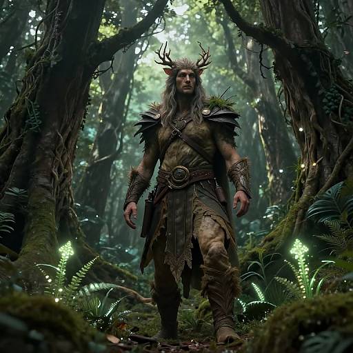 Digital fantasy artwork of a muscular, horned male warrior in dark, leafy forest, wearing rugged, animal-hide armor, with glowing green ferns
